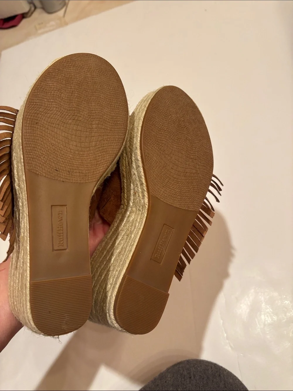 NWOT Ruff Hewn Tan Suede Fringe Espadrille Wedge Slides 6